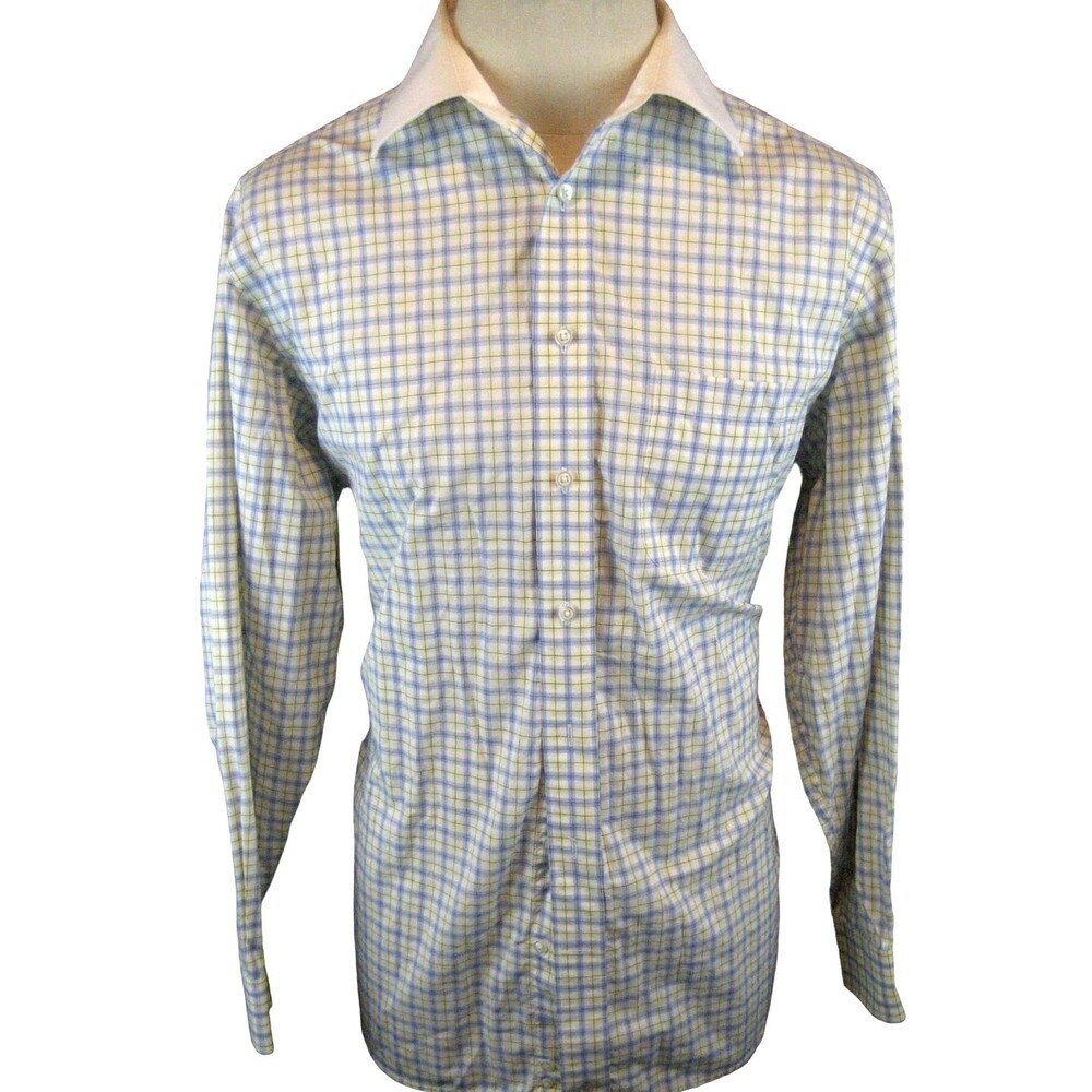 Mens Stafford Blue Check LS Cotton Broadcloth Shirt sz 16.5x34/35